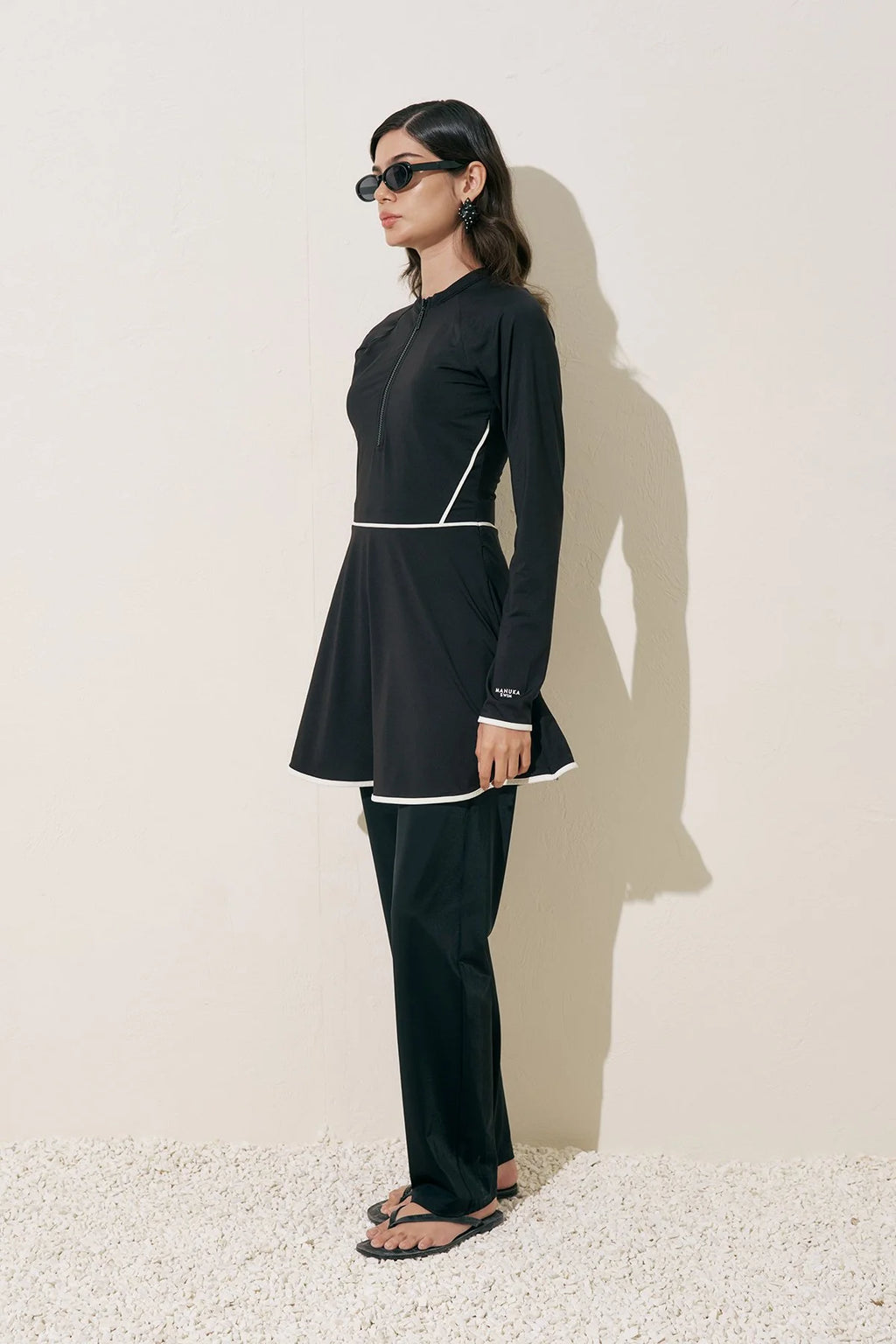 MANUKA Biye Detaylı Tesettür Mayo Takımı Siyah | Mayo Elbise, Bone ve Pantolon