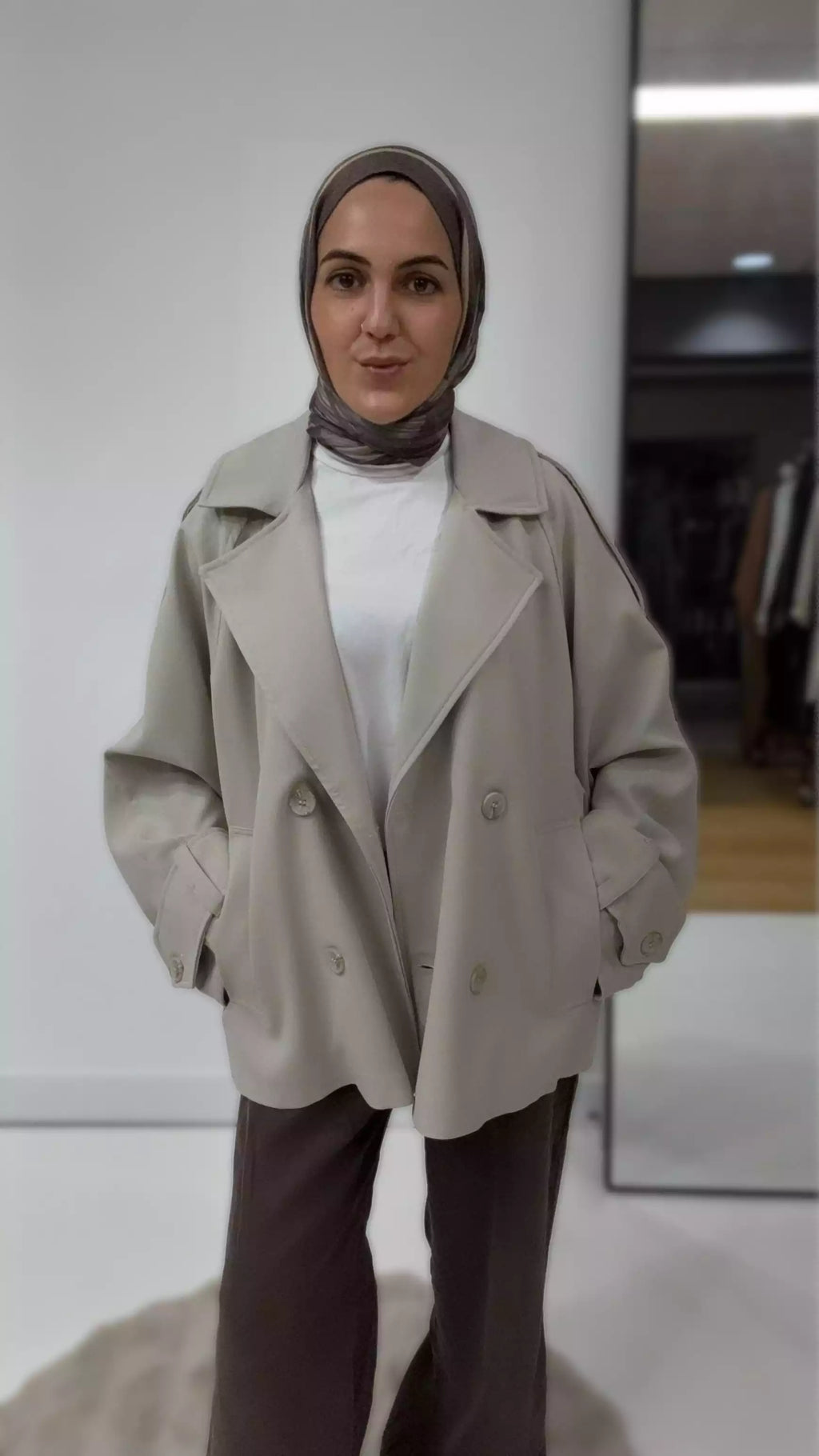 Oversize Kısa Trenç Kot Ceket - Taş rengi