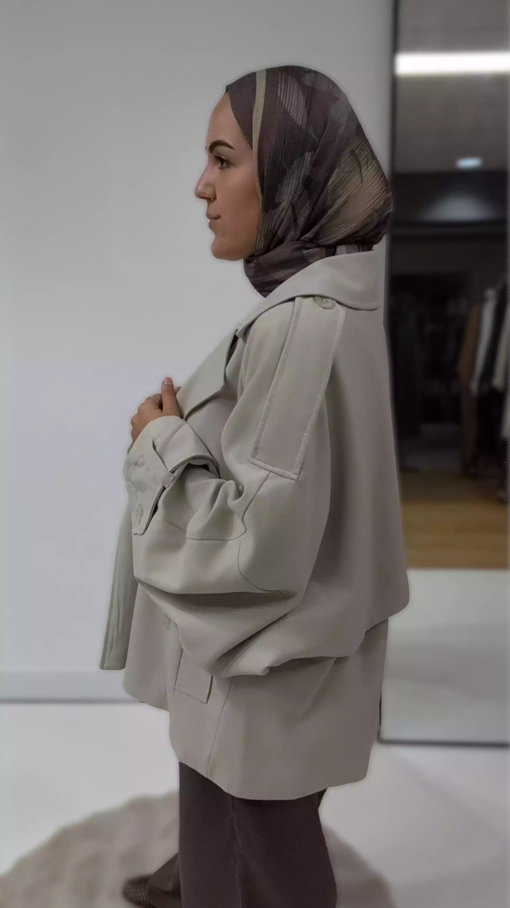 Oversize Kısa Trenç Kot Ceket - Taş rengi