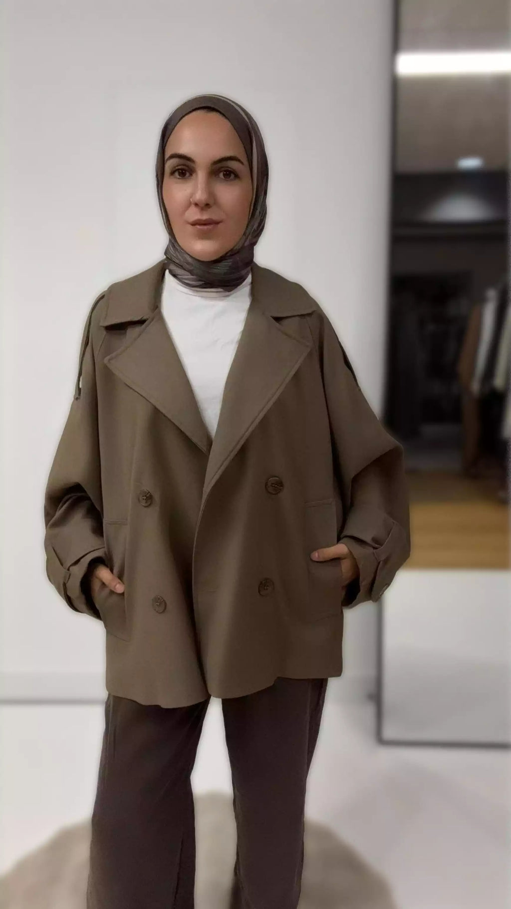 Oversize Kısa Trenç Kot Ceket - Haki Bej