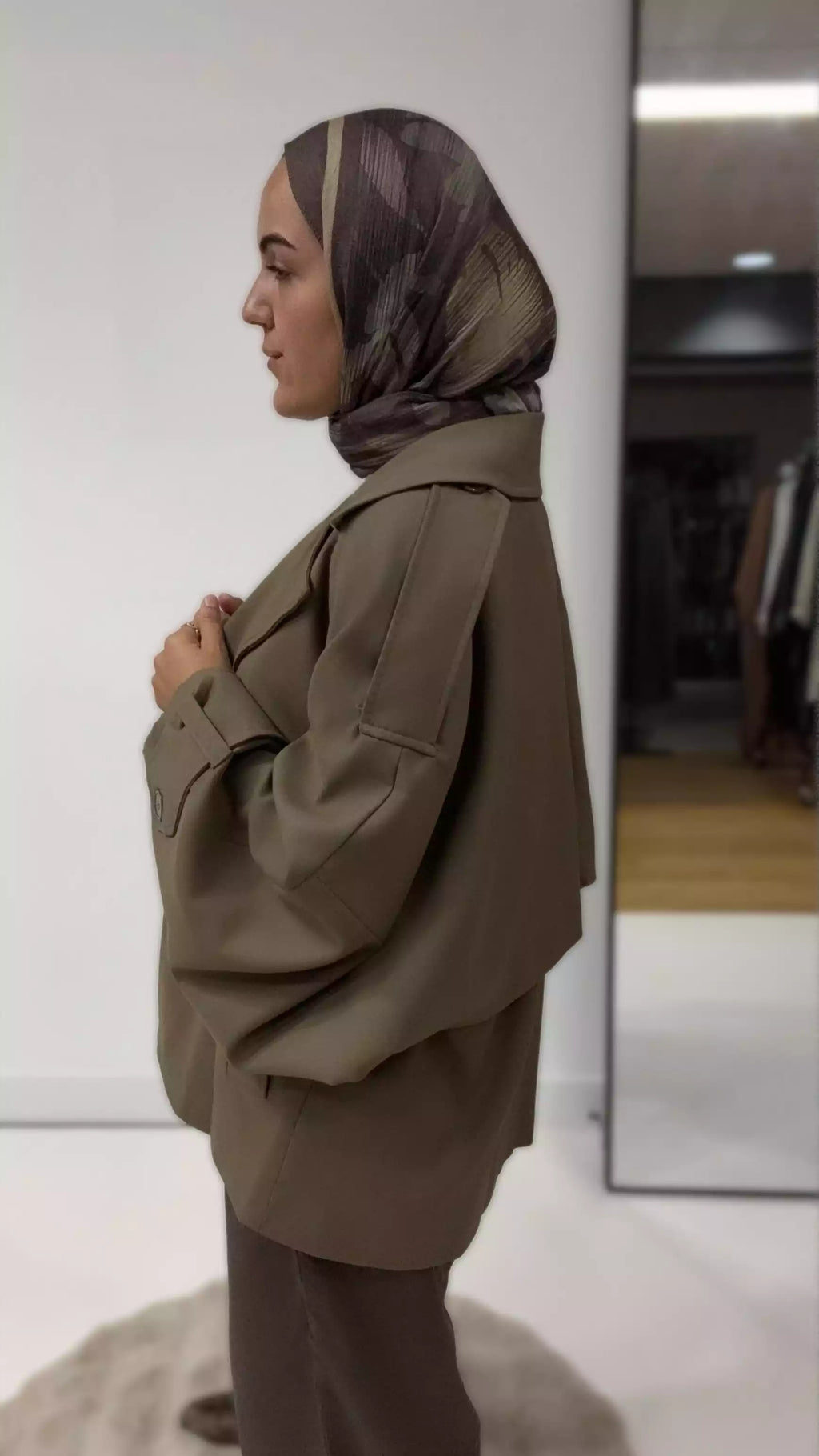 Oversize Kısa Trenç Kot Ceket - Haki Bej