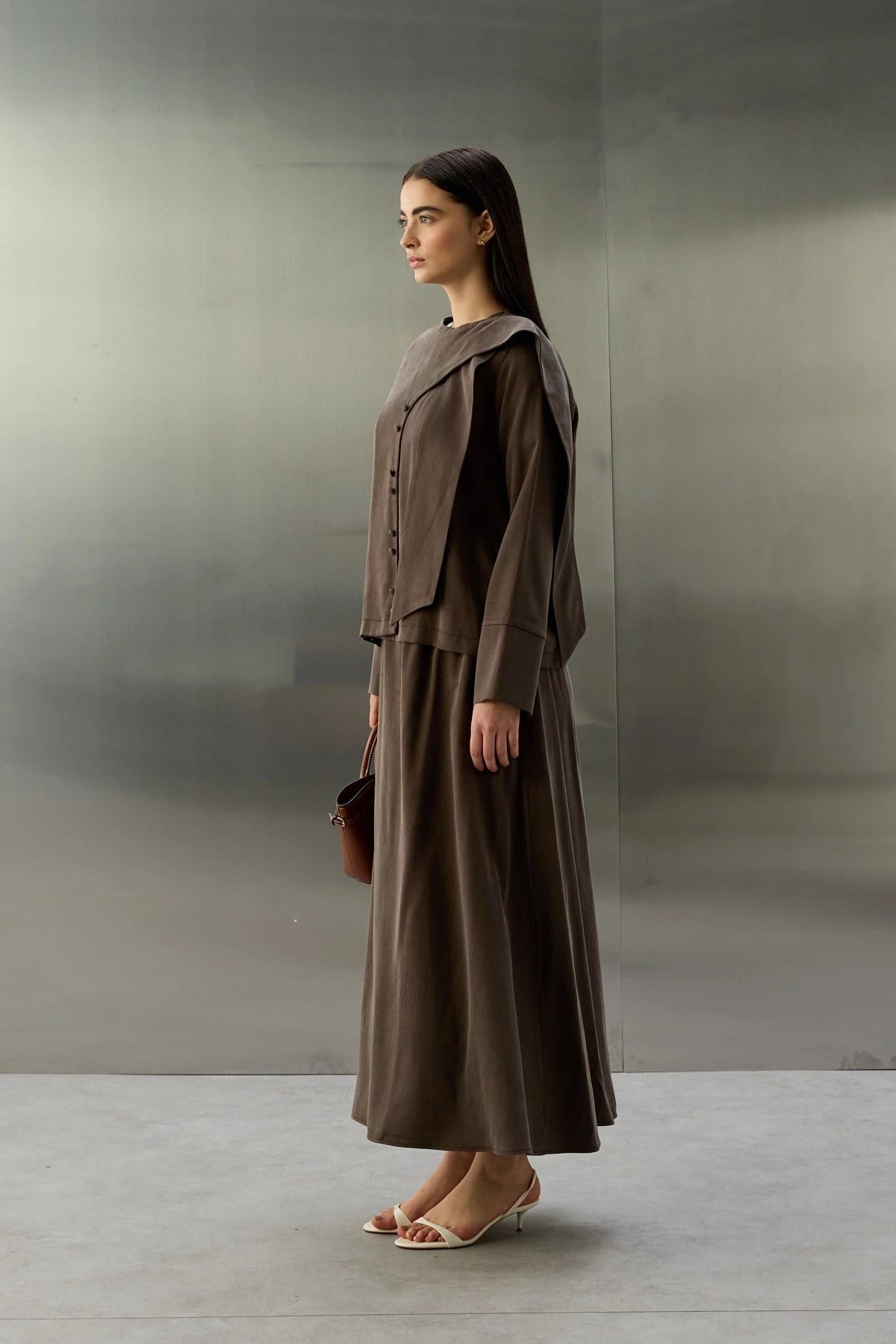 HILAY - Daphne Şal Detaylı Lyocell Etekli Takım KAHVERENGİ