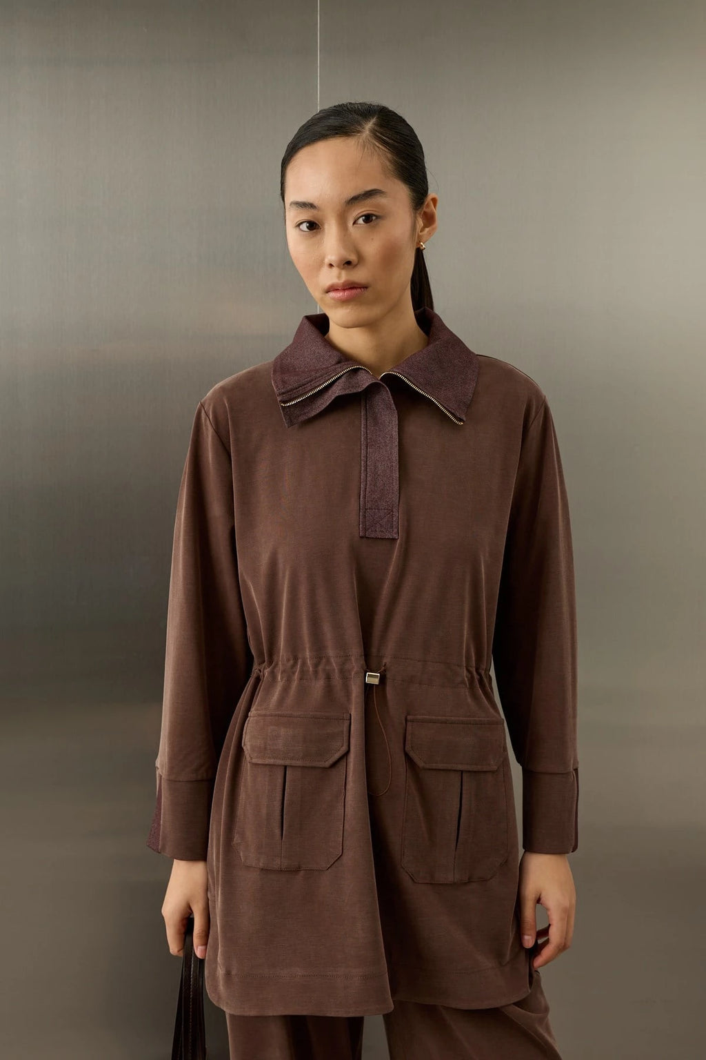 HILAY - Ensemble Yuki Kot Garnili Zippé avec Pantalon en Tencel MARRON